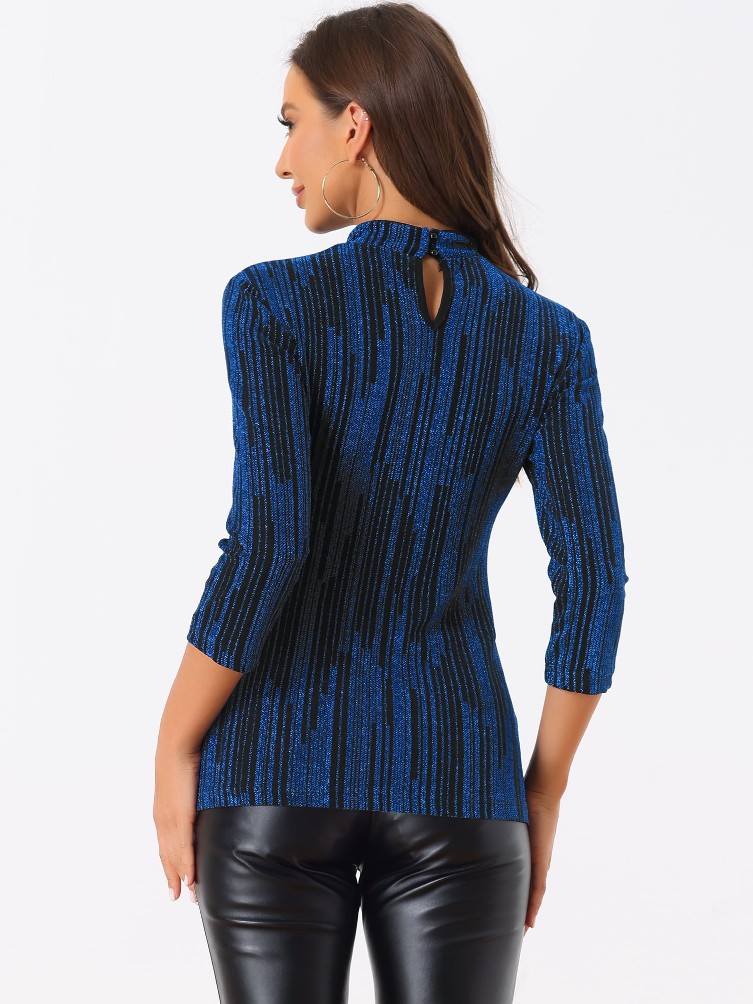 DARING DIVA Party Glitter Shiny Striped Metallic Top XL Blue