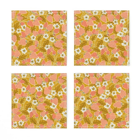 

Linen Cotton Canvas Cocktail Napkins (Set of 4) - Strawberry Patch Fruit Planting Gardening Summer Grow June Harvesting Pink Golden Peach Print Cloth Cocktail Napkins by Spoonflower