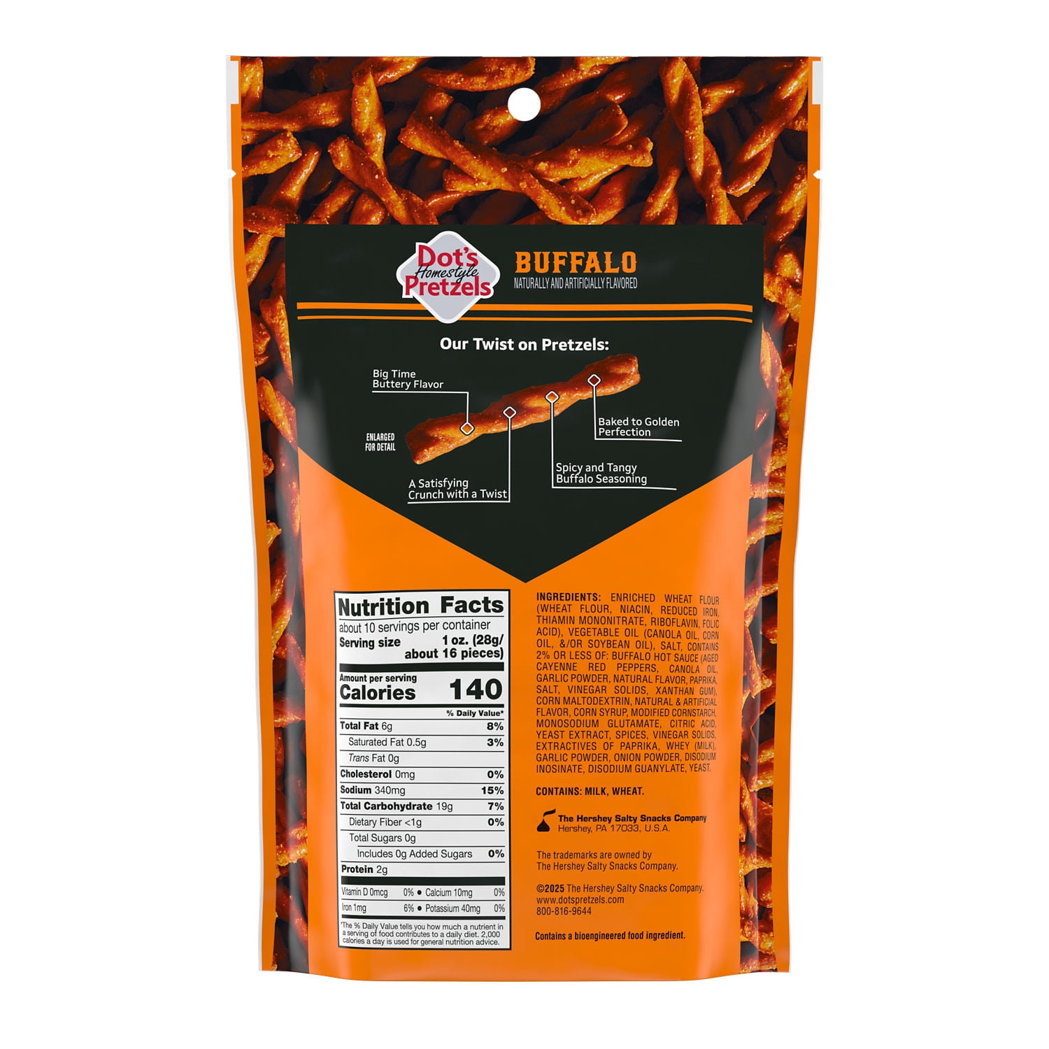(8 pack) DOT'S Homestyle Pretzels Buffalo Flavored Snacking Size, Seasoned Pretzel Twists Bag, 9.5 oz