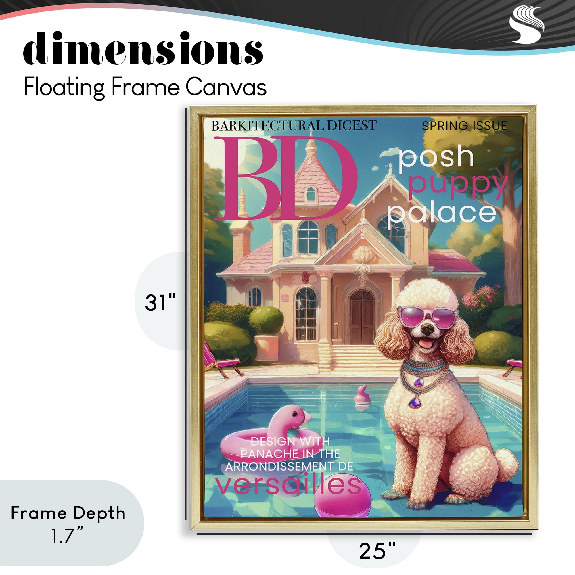 Stupell Industries Poodle Magazine Parody Gold Framed Floater Canvas Wall Art, design by Grotto Studios