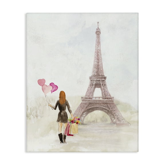 Stupell Industries Eiffel Tower & Heart Balloons Buildings & Architecture Painting Wrapped Canvas Art Print Wall Art, 16 x 20