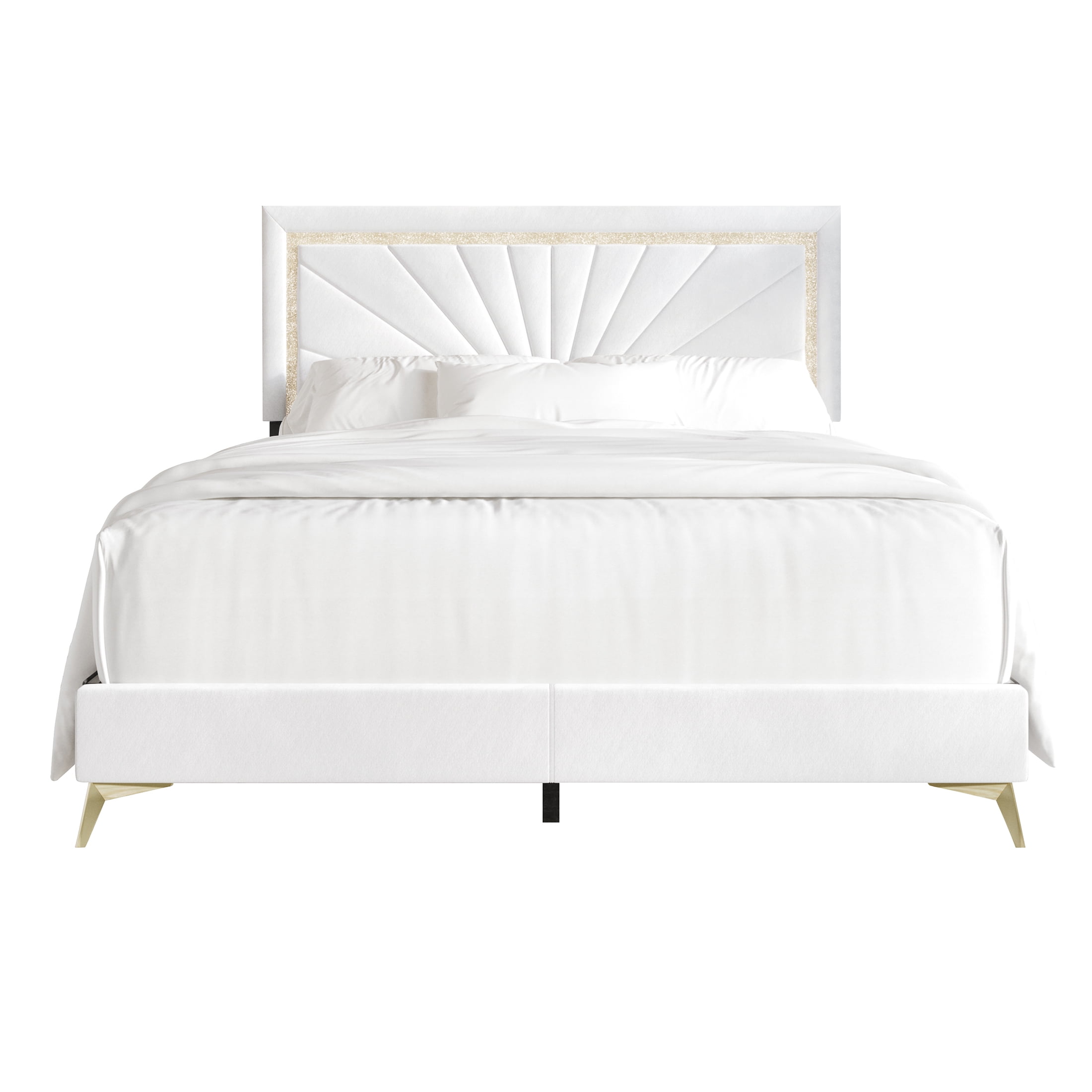 Castle Place Luxurious Diamond Strip Velvet Upholstered Bed White, Queen
