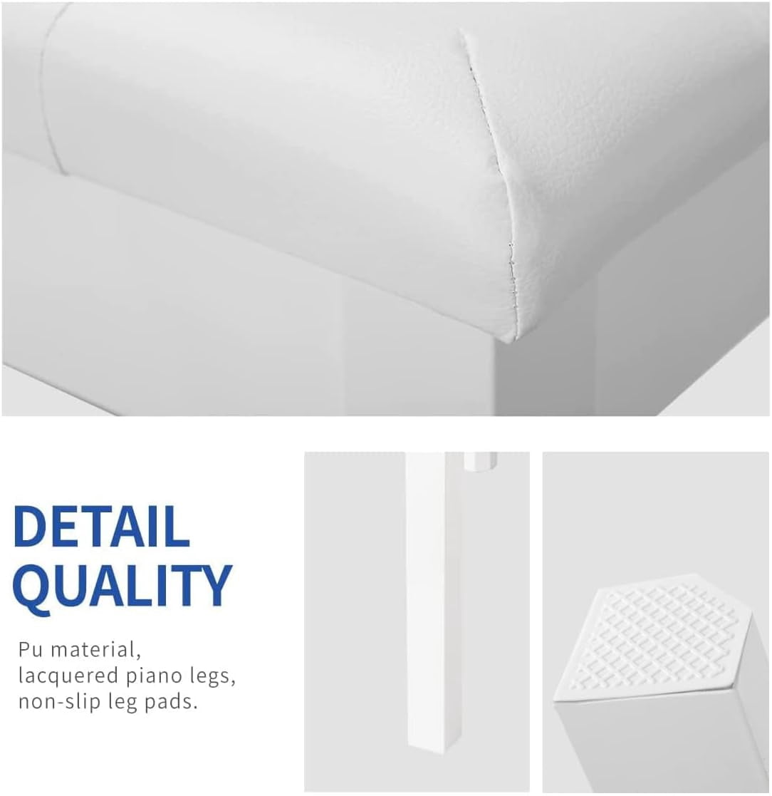 AODSK Duet Piano Bench with Storage, Padded Cushion for Piano Keyboard Seat, Soild Wood Leg Bench Stool Chair -White