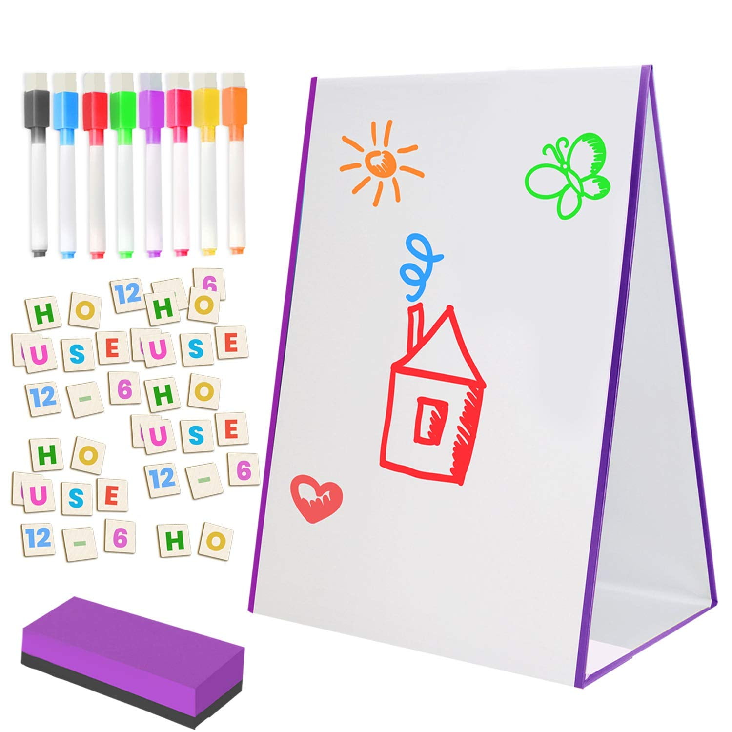 Glokers Magnetic Easel and Dry Erase Board for Kids - Fun Art Easel and Whiteboard Includes Markers, Magnetic Letters, Numbers and Eraser - Educational Interactive Table Top Playset for Children