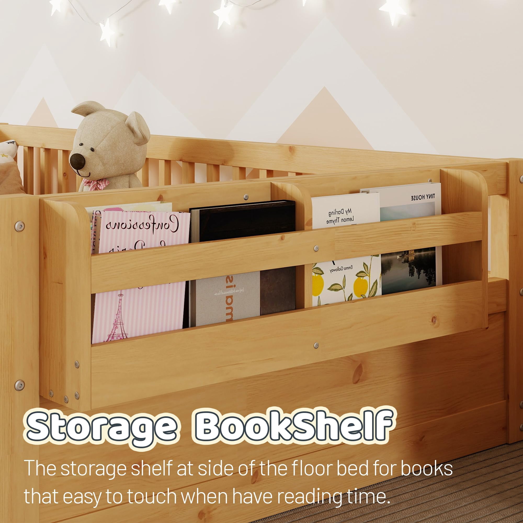 Mirightone Twin Montessori Bed with Rails and Storage Shelf, Wood Twin Floor Beds Frame with Light, Natural