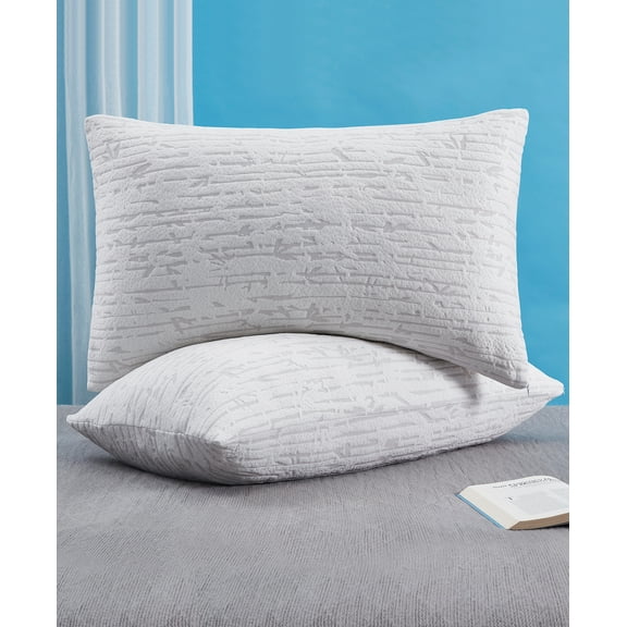 Hearth & Harbor Bed Pillows, Soft Bamboo Pillow Cover, Memory Foam Pillows for Bed, Queen Size Pillows, 2 Pack