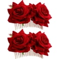 thumbnail image 1 of Paquete de 2 pinzas para el pelo con flor de rosa para mujer, accesorios para el cabello con flor de rosa, pinza para el pelo para boda, bailarina flamenca (rojo), 1 of 5
