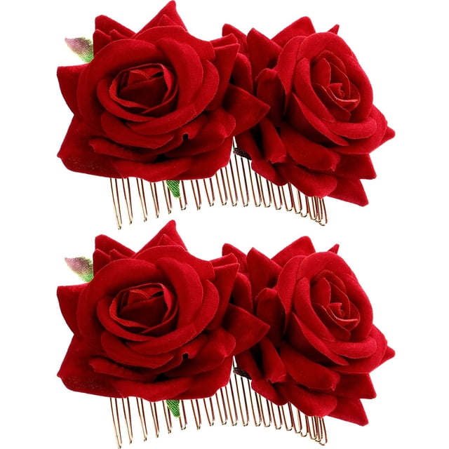 Paquete de 2 pinzas para el pelo con flor de rosa para mujer, accesorios para el cabello con flor de rosa, pinza para el pelo para boda, bailarina flamenca (rojo)