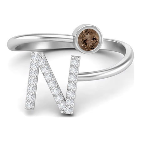 Capital N Initial Letter 3MM Round Smoky Quartz 925 Sterling Silver Women Adjustable Valentines Day Gifts Ring