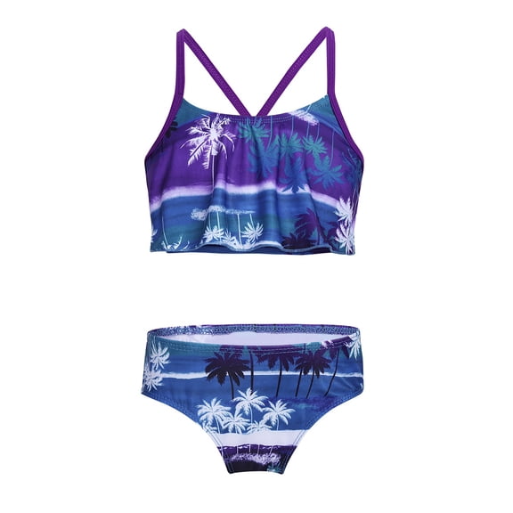 iEFiEL Little Girls Swimwear Tropical Holiday Bathing Suit Flounce Top with Briefs Set Purple&Green 9-10
