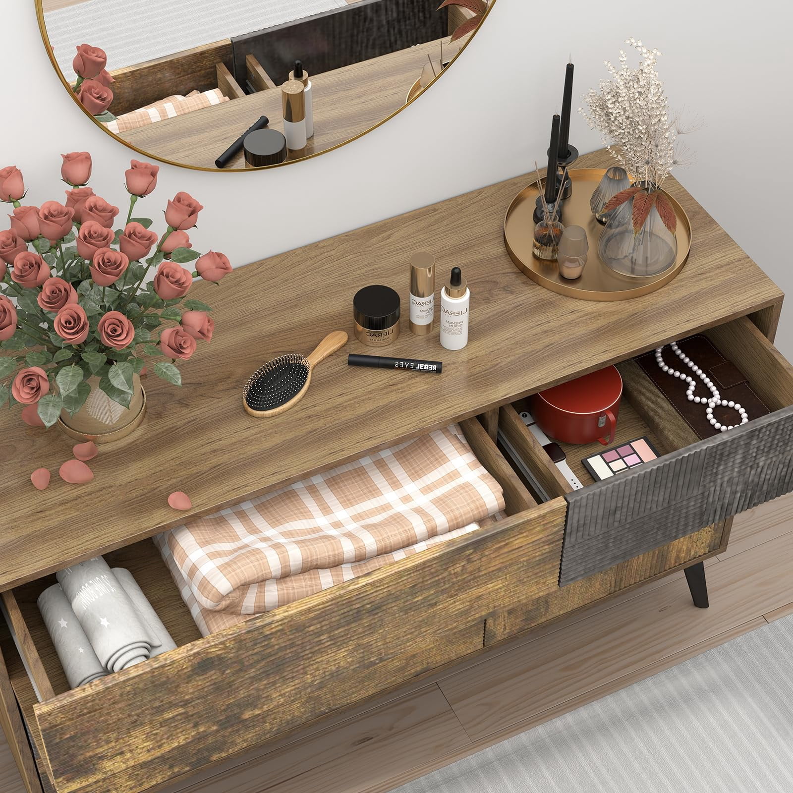 Danpinera Home 6-Drawer Fluted Dresser, 47” Wide Handleless Chest with Wood Finish, Rustic Brown Modern Storage Cabinet for Bedroom or Hallway