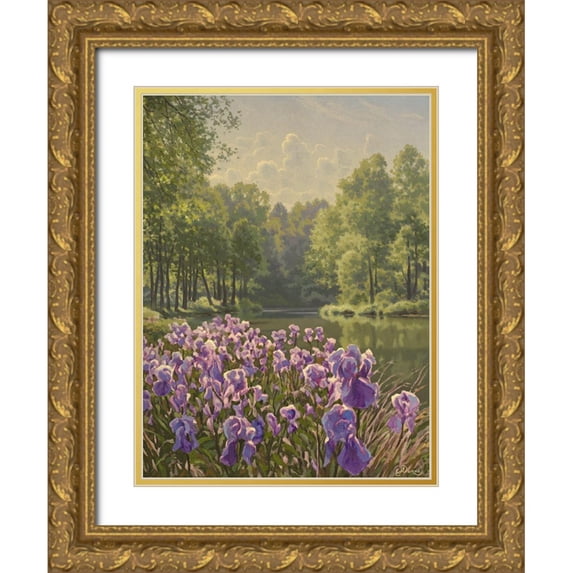 Adamov, Alexey 19x24 Gold Ornate Wood Framed with Double Matting Museum Art Print Titled - Purple Iris by the River