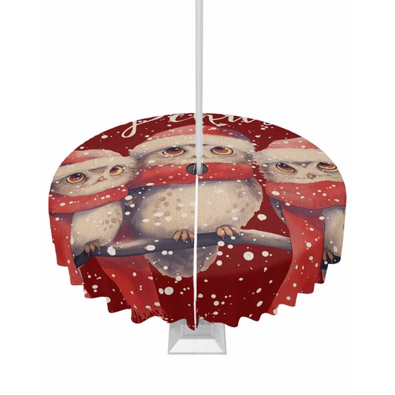 Fsddascl Red Owl Christmas Outdoor Tablecloth - 54 Inch Round Dining Table Cover, Xmas Snowflake Farmhouse Waterproof Outdoor Table Cloth with Umbrella Hole & Zipper for Picnic/Patio/Party
