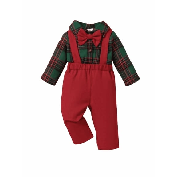 PureChapter Baby Boy Christmas Outfit Plaid Collared Bodysuit with Bow Tie & Suspender Pants 2Pcs Holiday Set for 1-18 Months