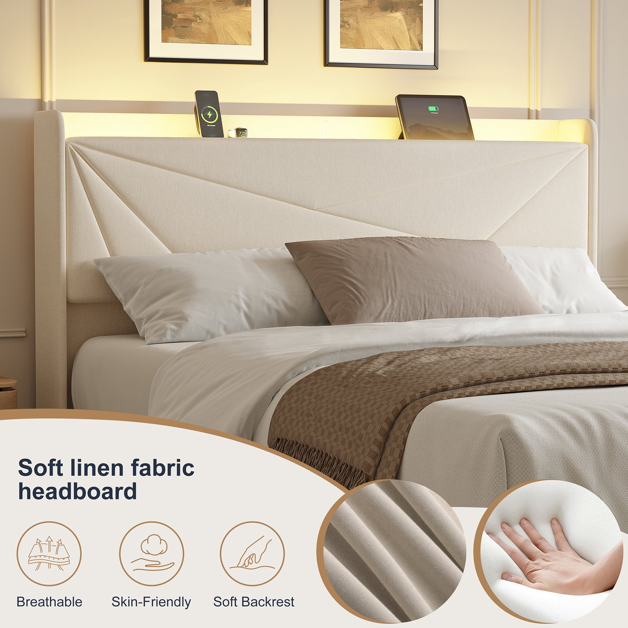 GUNAITO Queen Size Bed Frame with 4 Storage Drawers, Upholstered LED Bed with USB Ports, Modern Bed with Headboard Noise Free Platform Bed with Metal Frame, Beige