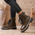 thumbnail image 3 of Winter Combat Boots for Women Waterproof Leather Lace up Trendy Buckle Ankle Strap Lug Sole Zipper Short Snow Booties, 3 of 7