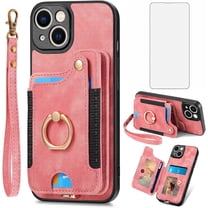 Phone Case for iPhone 15 Plus 6.7 inch Wallet Cover with Screen Protector and Wrist Strap Lanyard RFID Card Holder Ring Stand i-Phone 15 iPhone15Plus 5G i i15 iPhone15 15Plus Women Pink