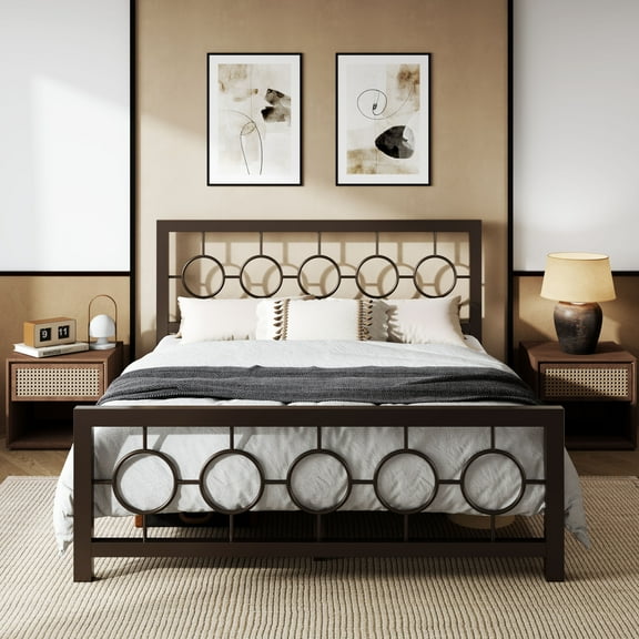 Sifurni Queen Size Metal Platform Bed Frame with Modern & Vintage Headboard and Footboard, Brown
