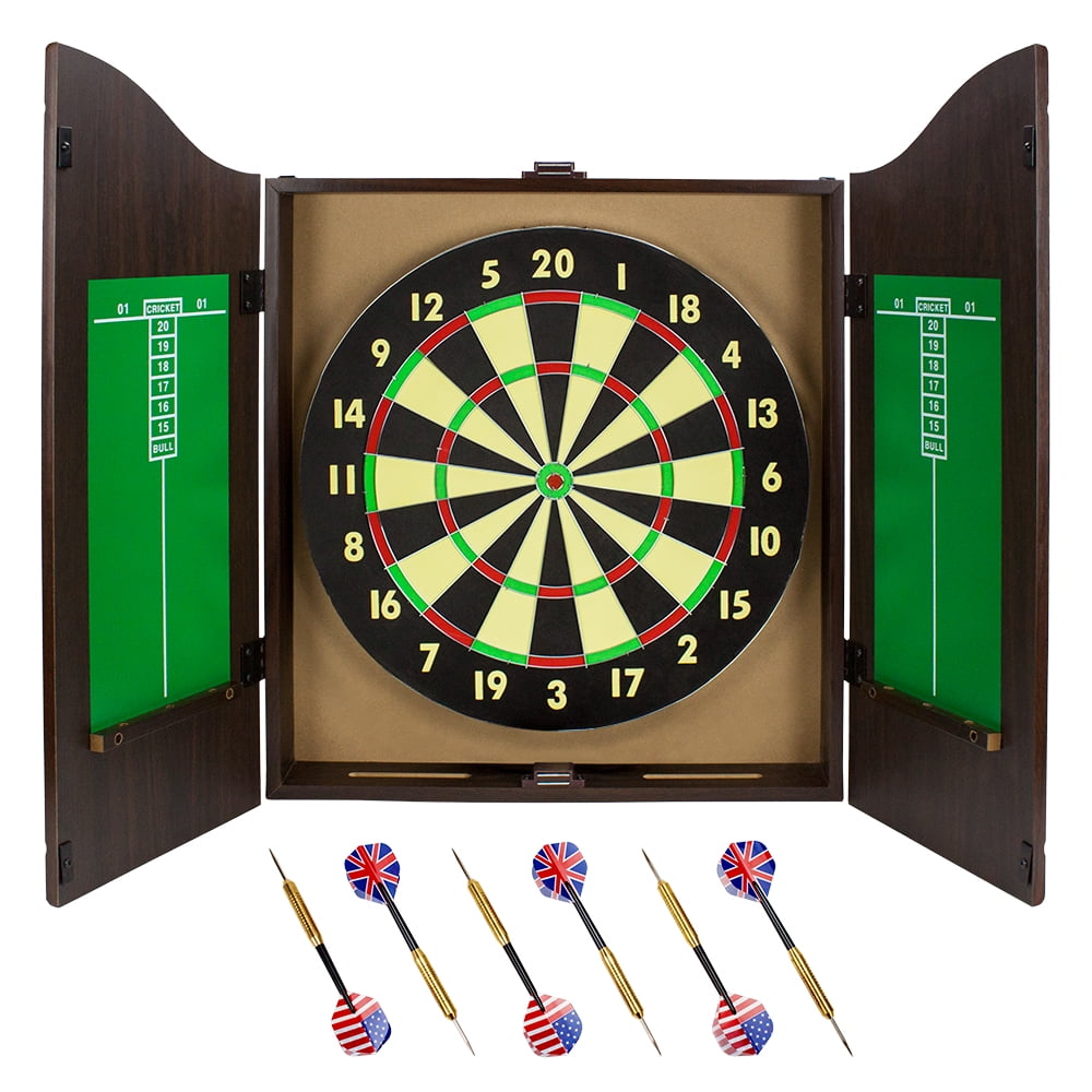 Walnut Dartboard Set with 6 Brass Darts and Board