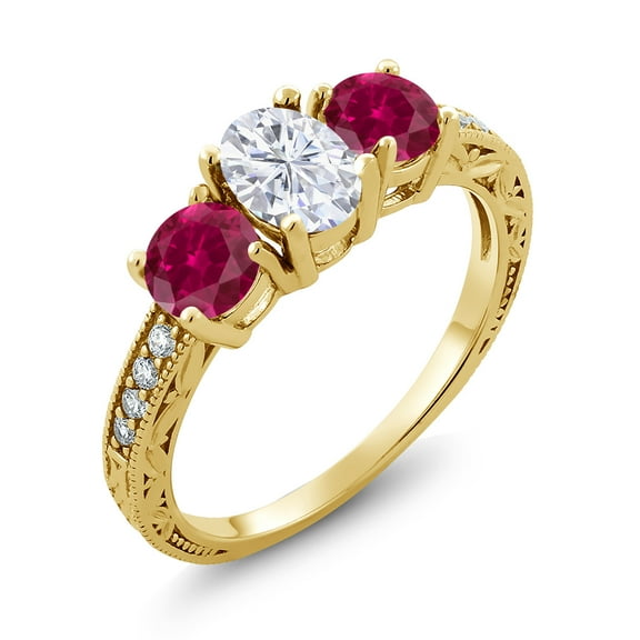 Gem Stone King 18K Yellow Gold Plated Silver Red Created Ruby Ring Set with Moissanite (3.02 Cttw) (Size 8)