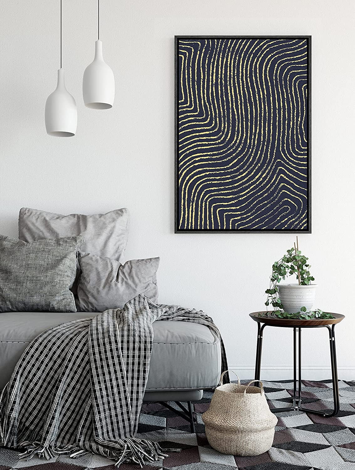PixonSign Framed Canvas Print Wall Art Gold and Blue Swirling Print Geometric Shapes Illustrations Modern Art Minimalist Dramatic Multicolor for Living Room, Bedroom, Office - 24"x36" Black