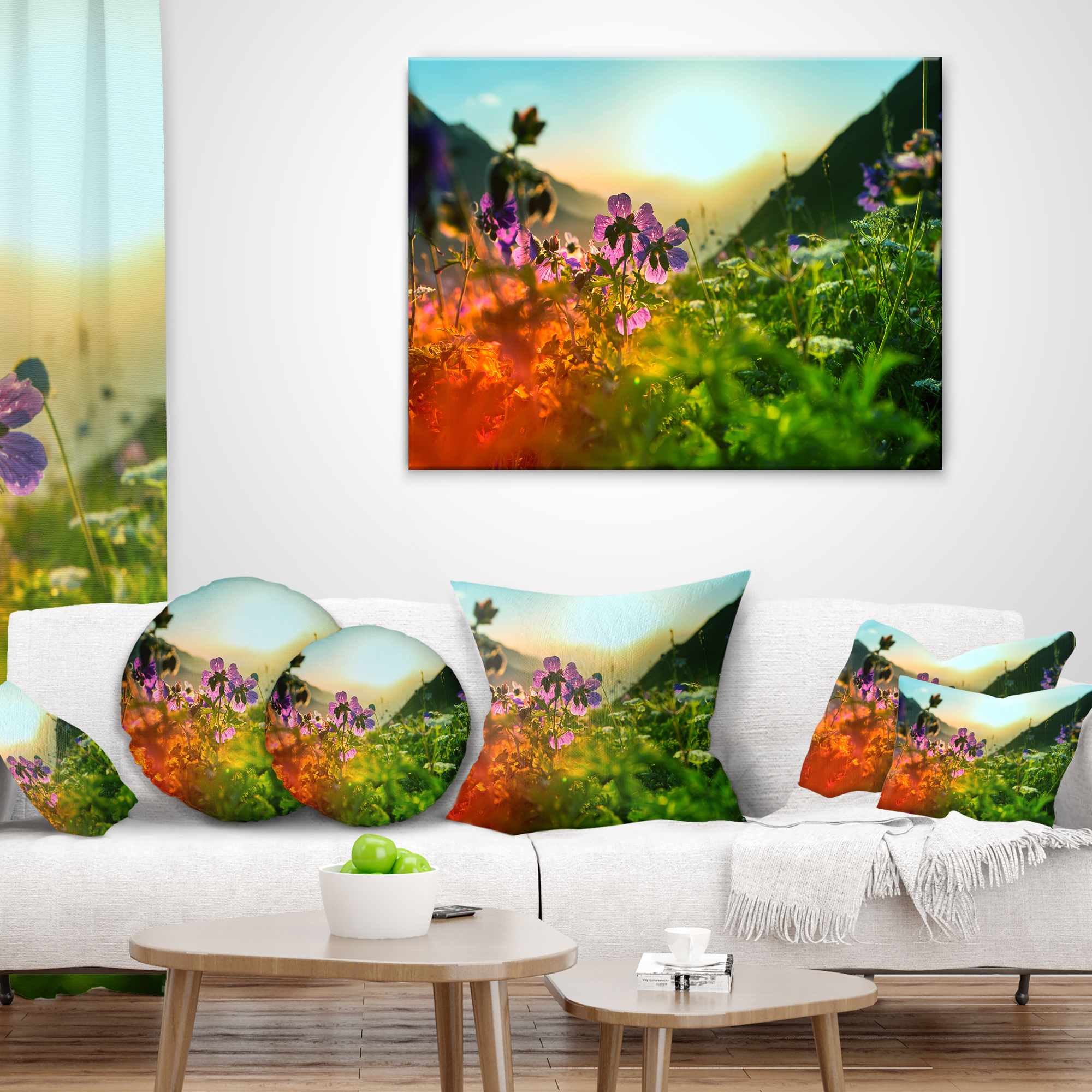 Designart Multicolor Mountains Meadow View - Floral Throw Pillow - 18x18