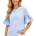 thumbnail image 2 of Xaqiouau Womens Gingham Ruffle Bell Sleeve Blouse Casual Crew Neck Check Print Summer Top, 2 of 7