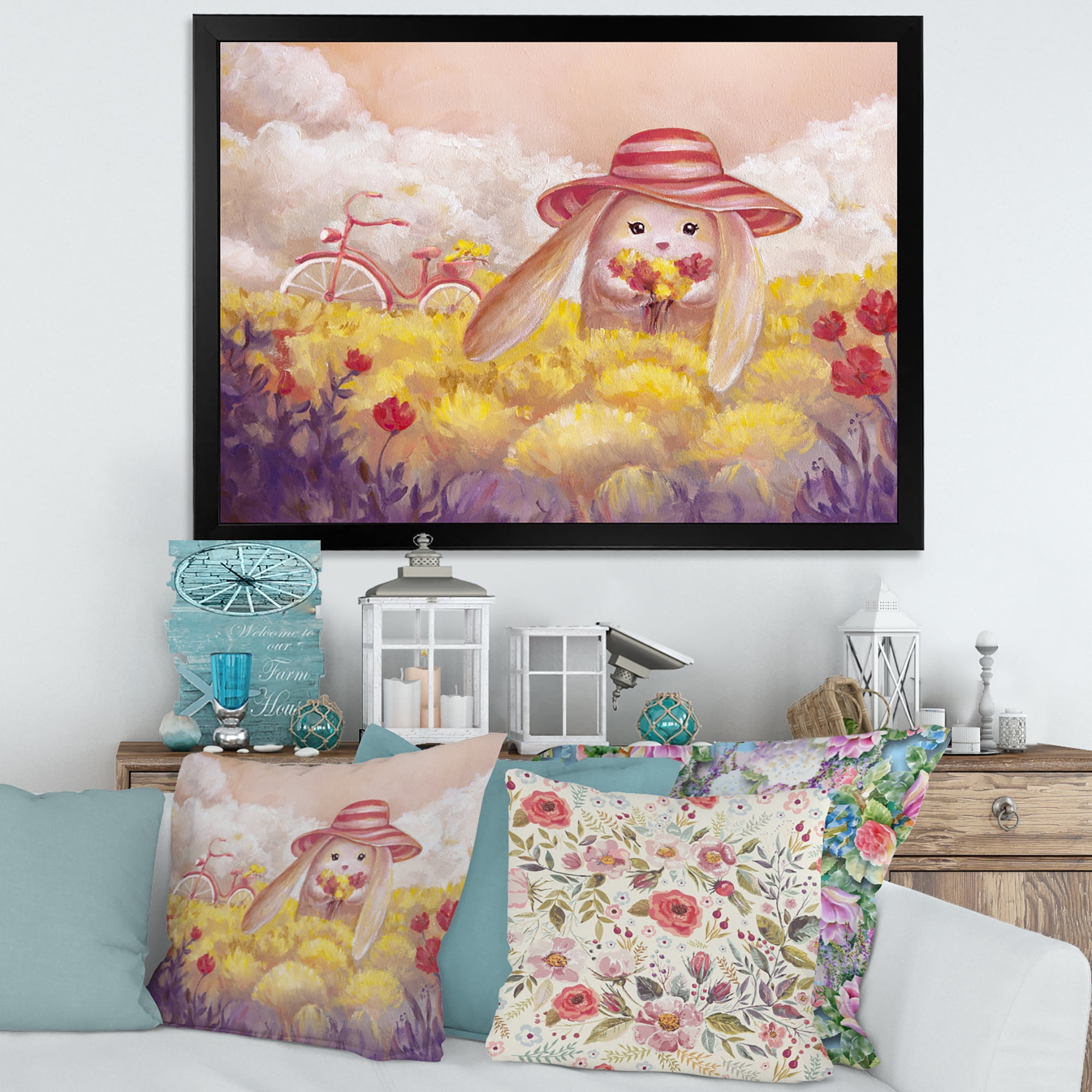 Designart 'Little Bunny With Yellow Flowers' Traditional Framed Art Print