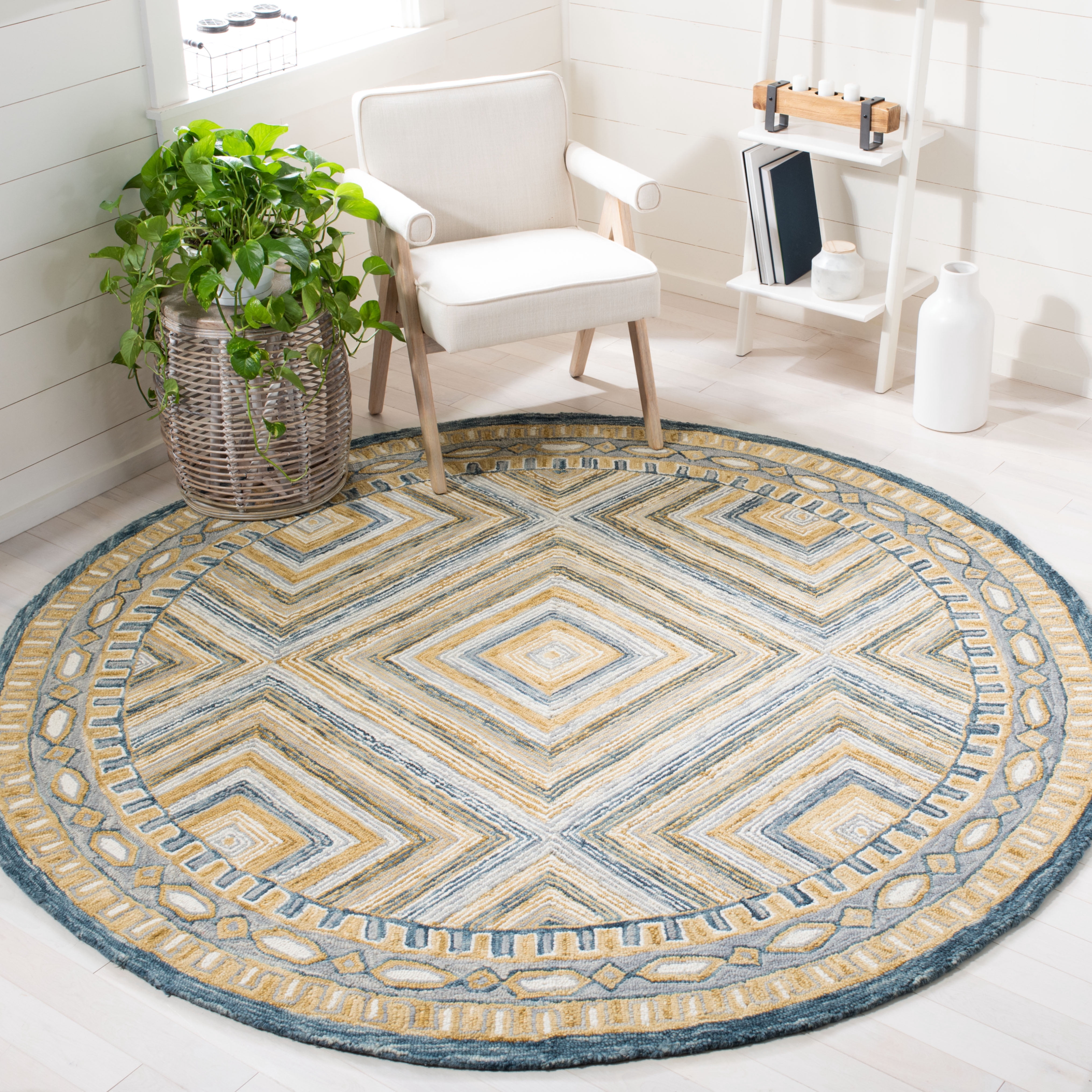 SAFAVIEH Aspen Caitriona Geometric Wool Area Rug, Navy/Gold, 5' x 5' Round