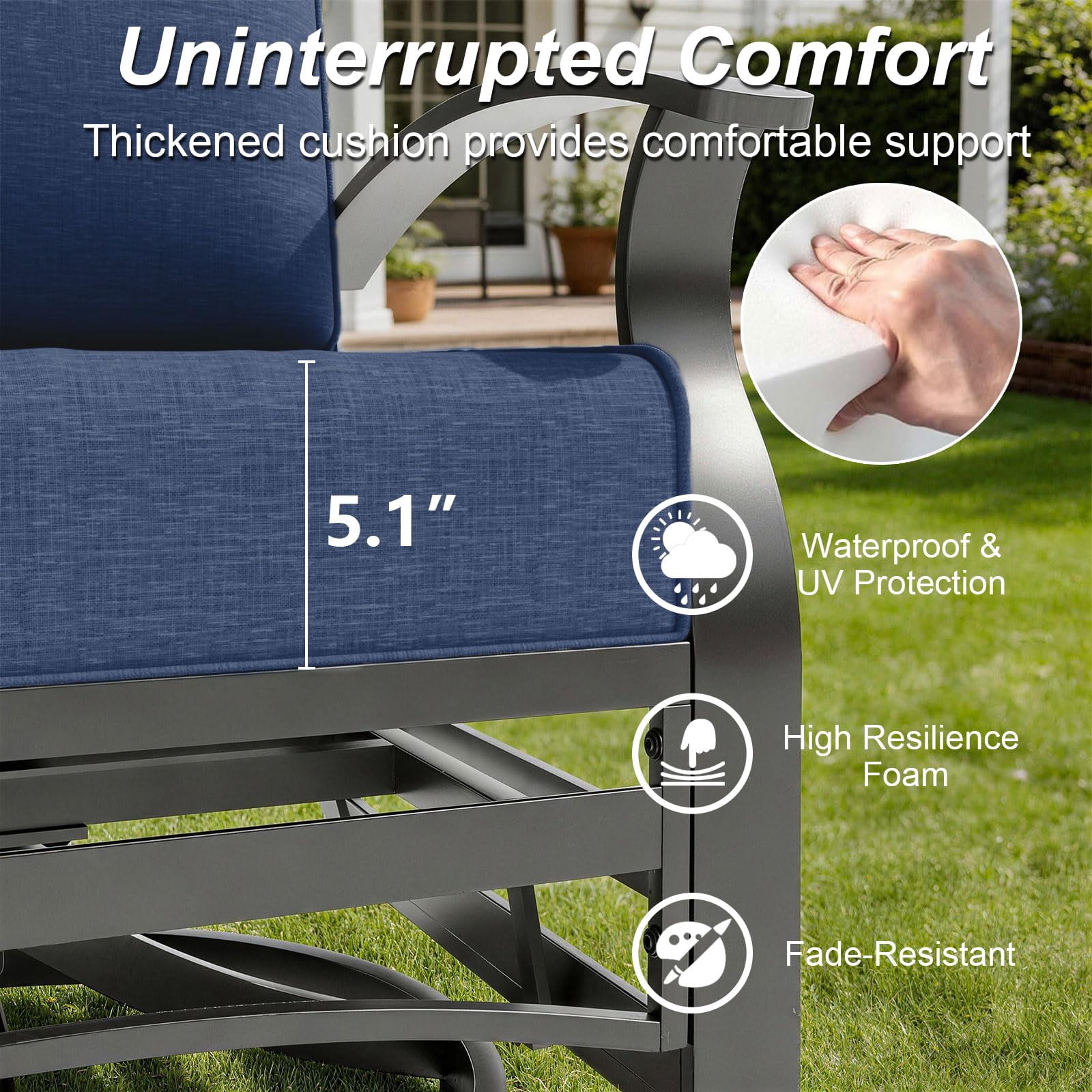 Gotland 3PCS Outdoor Aluminum Swivel Rocking Chairs, 2-Person Patio Furniture Conversation Set with Coffee Table and Cushions, Navy Blue