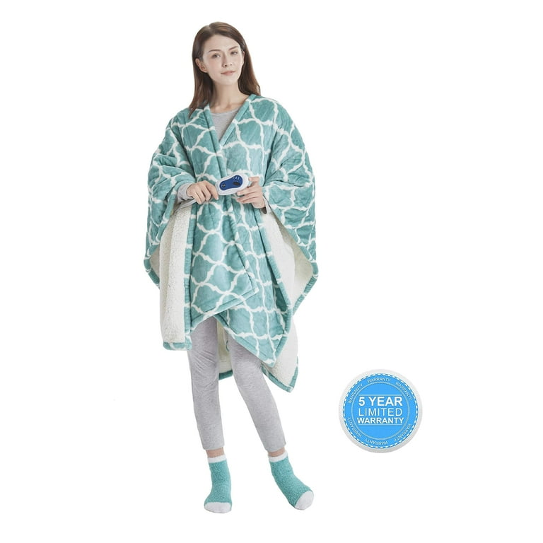 Comfort Spaces Sherpa Electric Throw Wrap with Sock Set Heated Wearable Blanket Wrap Reversible Aqua 50