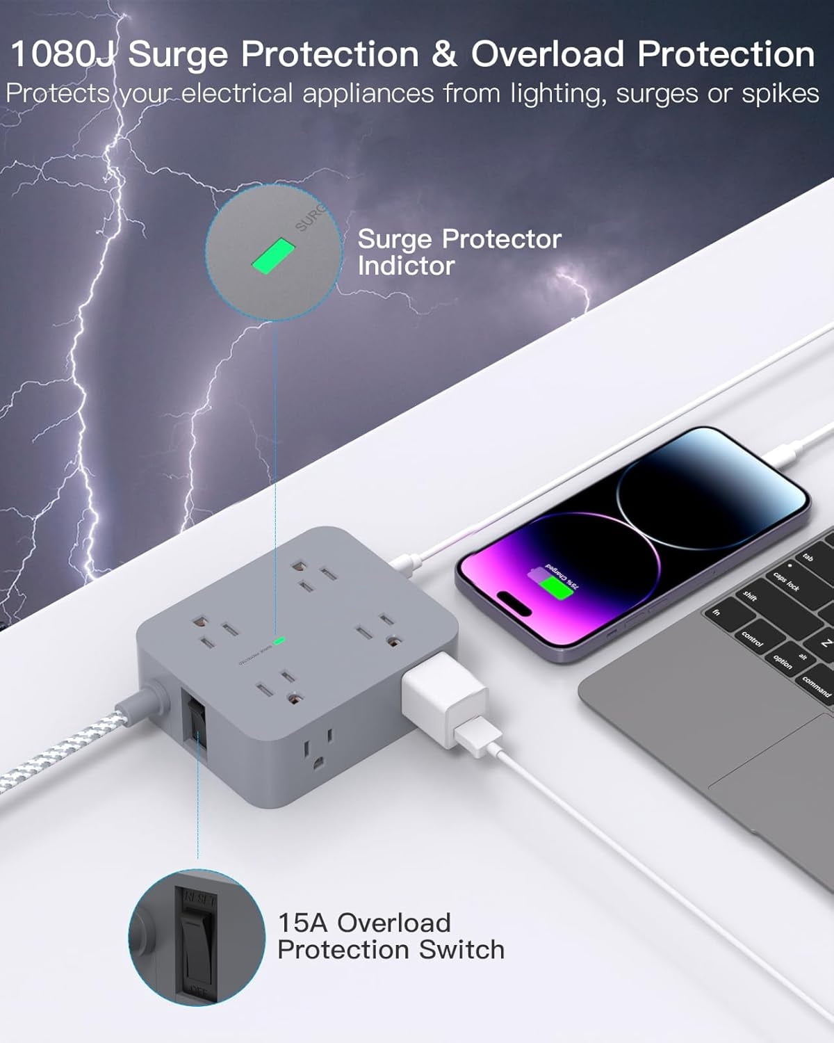 AllWays Plaza Surge Protector Power Strip 15 Ft Long Cord, 8 Outlets 4 USB Ports(2 USB C), Flat Plug, Desk Charging Station for Home Office College Dorm Room Essentials