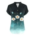 thumbnail image 5 of Women's Button Down V Neck Top Cotton Linen Blend Blouses Floral Graphic Tee Short Sleeve With Folded Cuff Ombre Top Loose Fit Summer Basic Henley Top, 5 of 5