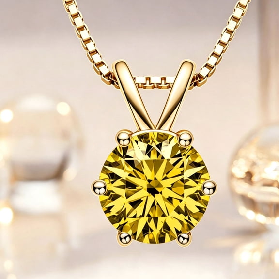 Women's Light Yellow Round Stone Pendant Necklace, Gold-Tone Solitaire Necklace, Elegant Fashion Commuter Necklace for Women