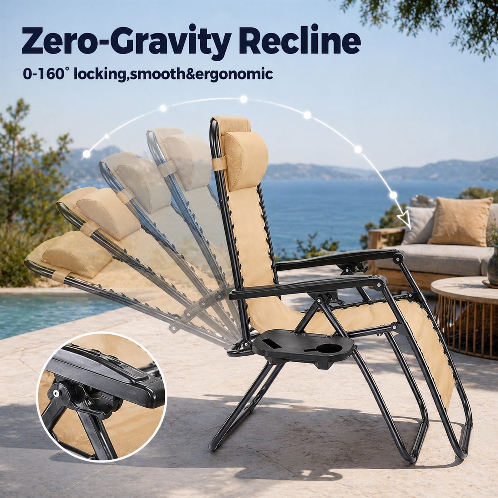 Alvantor 2-Pack Zero Gravity Lounge Chairs, Portable Recliner Beach Camping Patio Outdoor Folding Lounge Chair with Pillow & Cup Holder