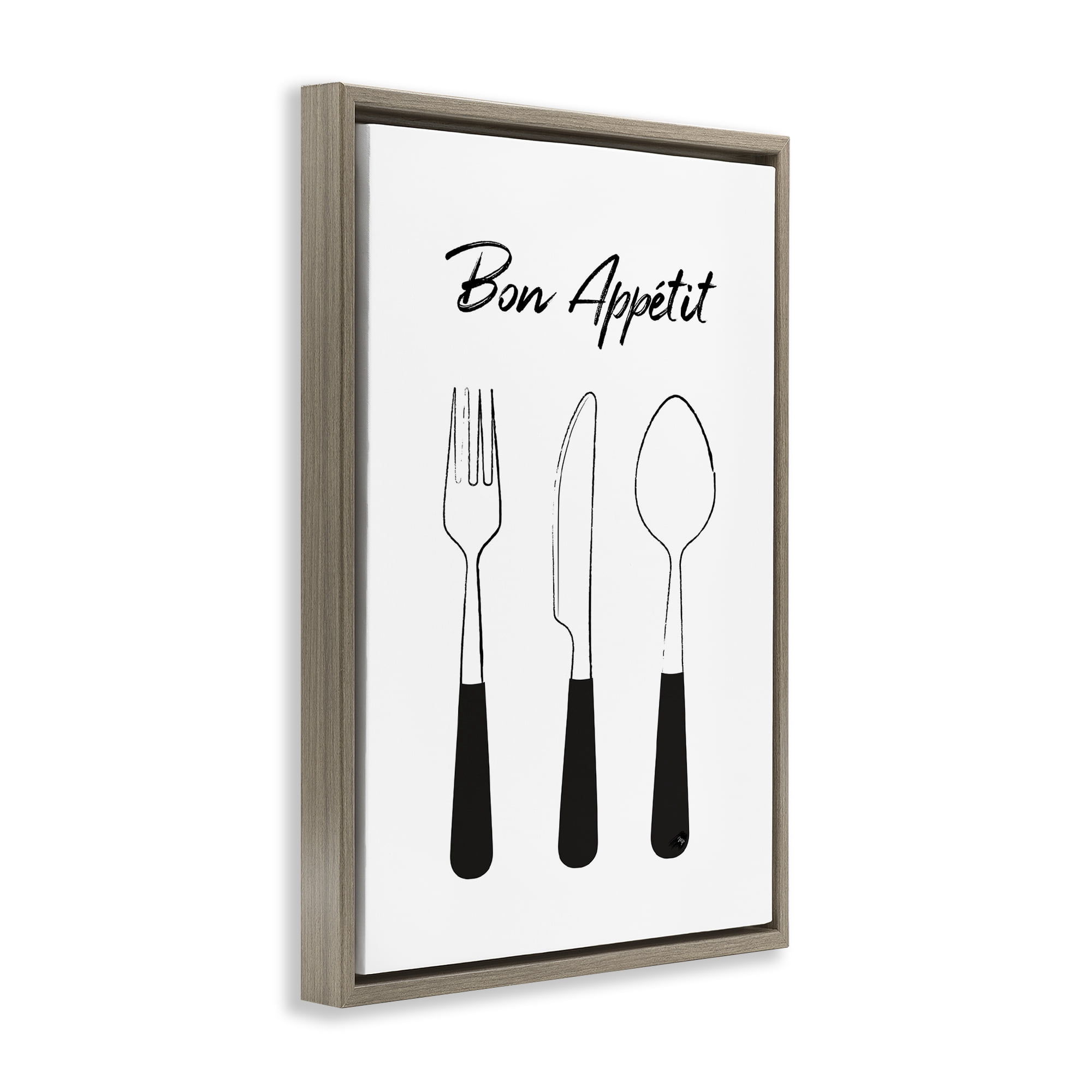 Stupell Industries Bon Appetit Fork Knife Spoon Brown Framed Floater Canvas Wall Art, design by Martina Pavlova