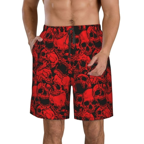Fuzoiu Red Skulls 3 Print Men's Beach Shorts,Men's Swim Trunks,Quick Dry Board Shorts with Pockets,Men's Bathing Suits for Surfing, Running, and Casual Wear-Small