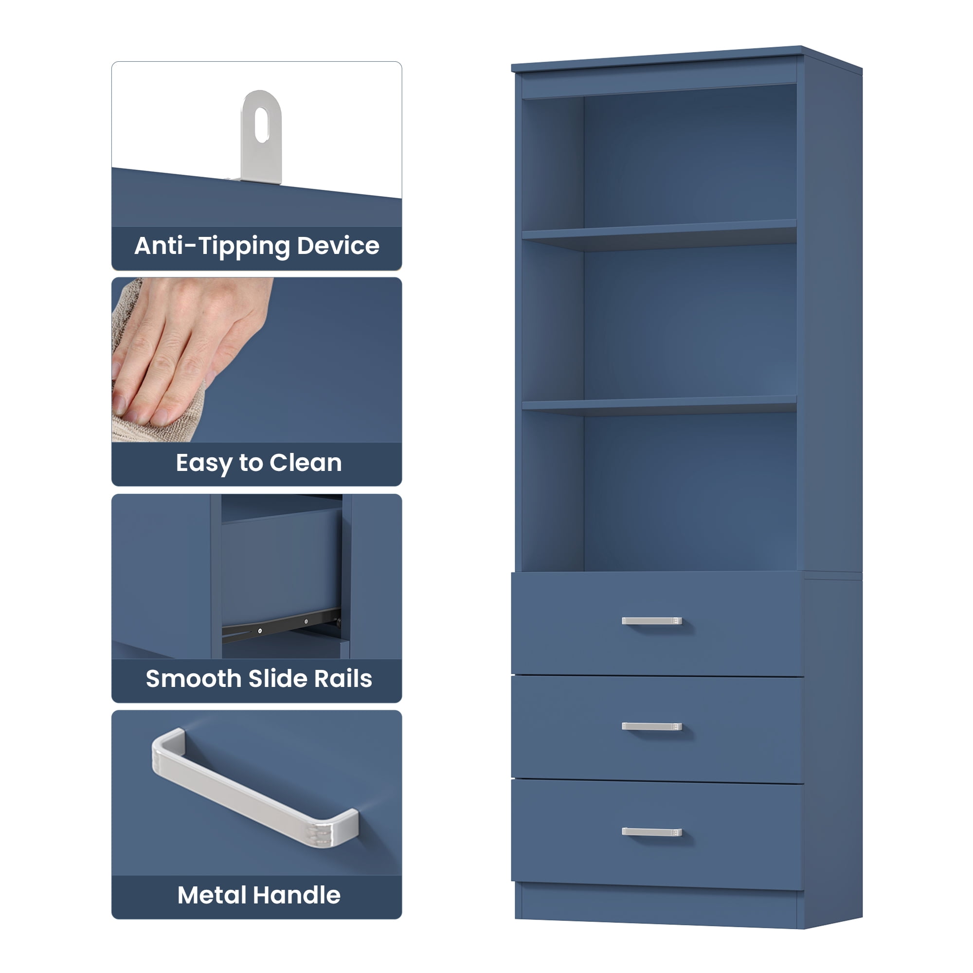 Homfa 71" Tall Bookcases with 3 Large Drawers, 3 Tier Wooden Storage Bookshelf for Living Room Home Office, Blue
