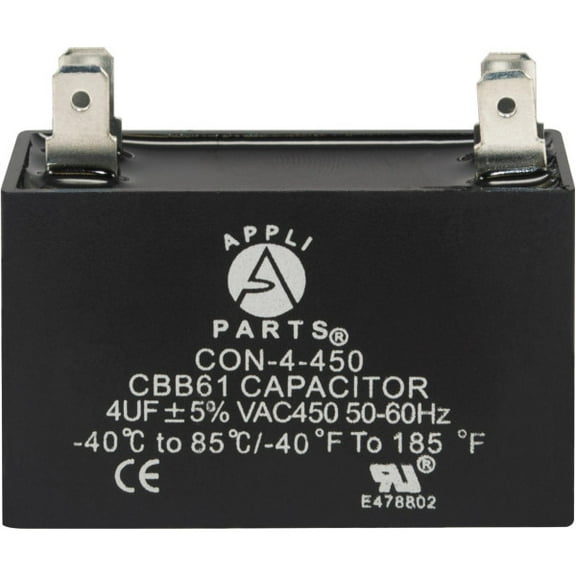 Appli Parts Fan Capacitor 4 mfd (microfarads) uf 450 VAC with 4 Terrminal Connections compatible with any brand within the  same range of capacitance 1-7/8in Width 3/4in Depth 1-1/2in Height CAP-4-450