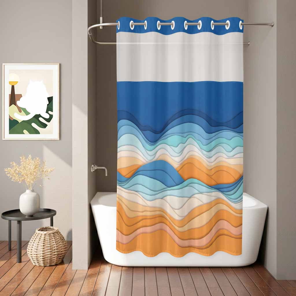 No Hook Shower Curtain Ombre Orange Blue Shower Curtain for Bathroom Abstract Mountain Waves Lines Bath Curtains Waterproof Fabric with See Through Top Window for Spa Hotel 36x72 Inch