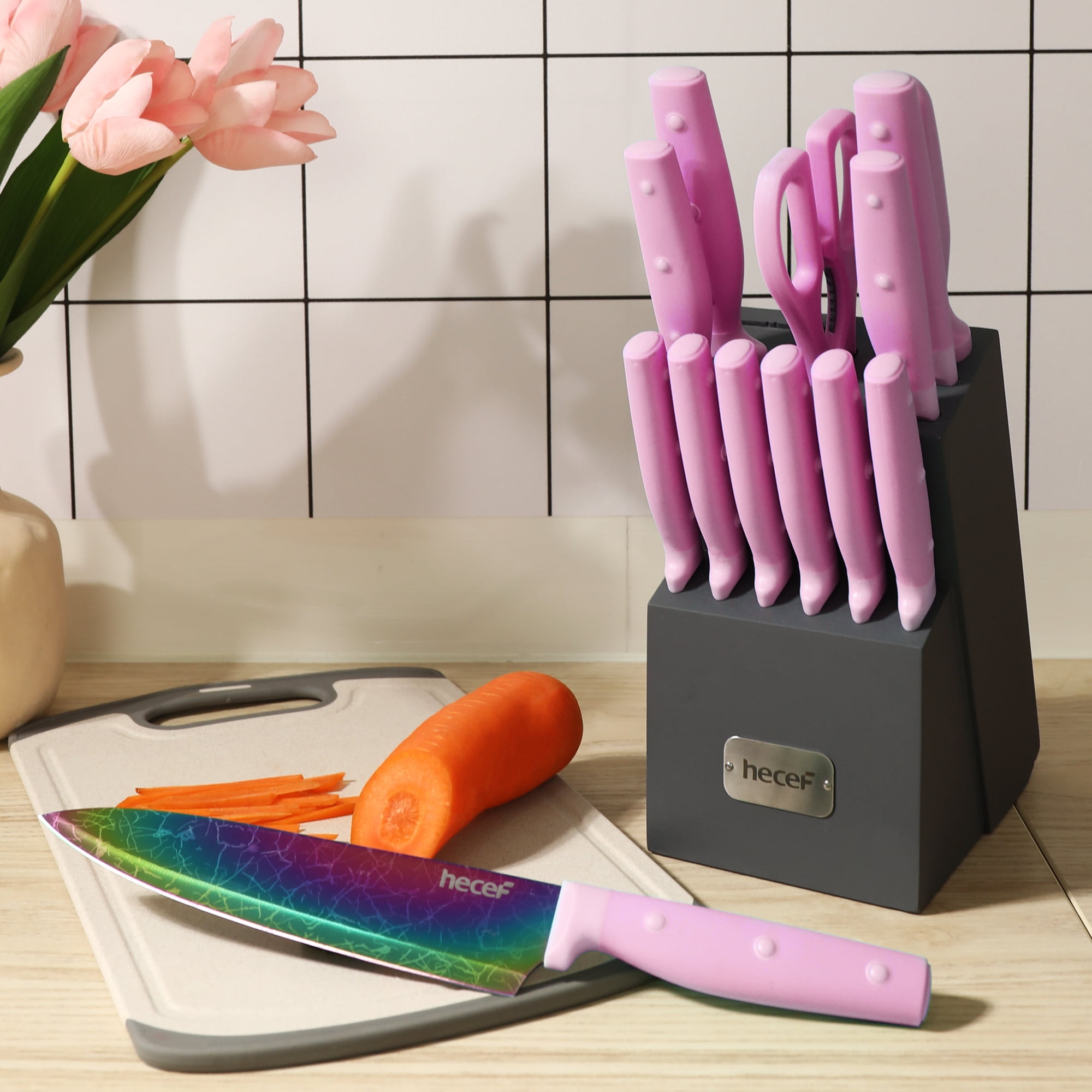 Hecef 14-Piece Stainless Steel Kitchen Knife Set with Rainbow Titanium Coating Slicing Chef Knives