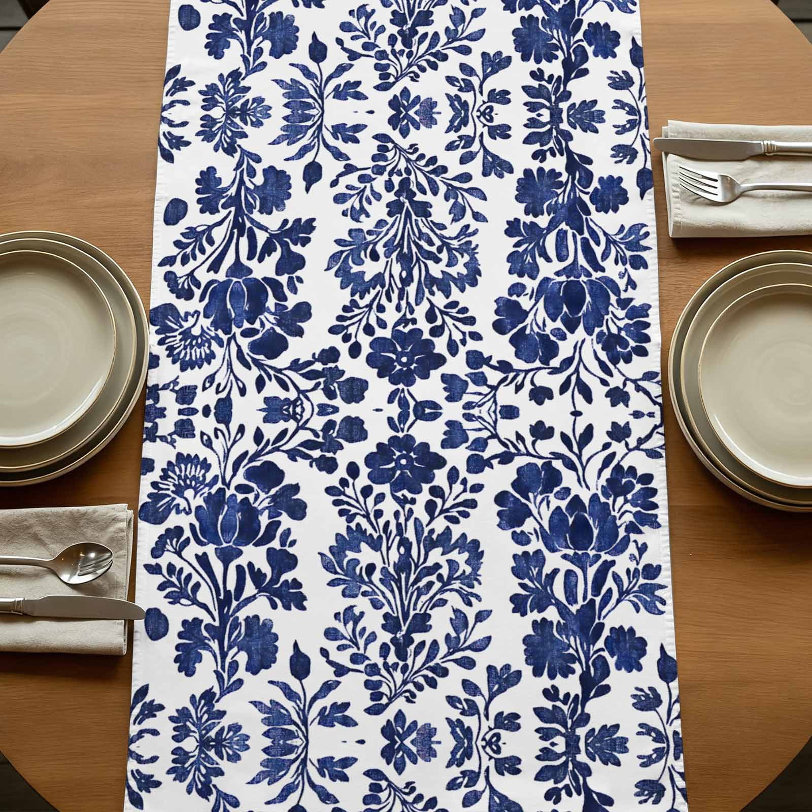 Blue Spring Floral 108 Inch Table Runner, Summer Botanical Farmhouse Farmhouse Dresser Scarf Cotton & Linen Tablerunner for Dining/Kitchen Island/Holiday Party Décor 13" x 108"