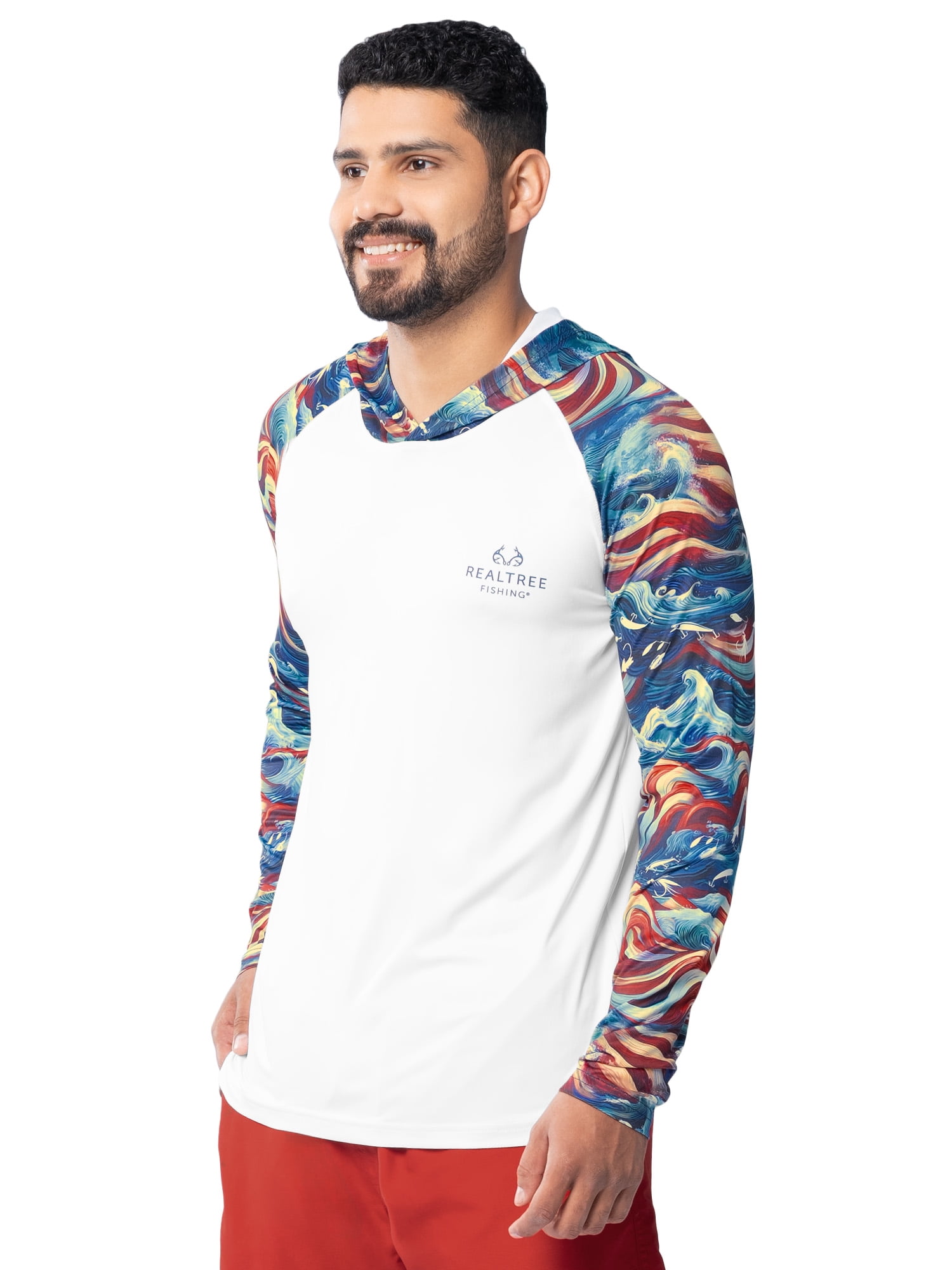 Realtree Men's Fishing Flex Americana UPF30 Long Sleeve Performance Hooded Shirt, Size S-3XL