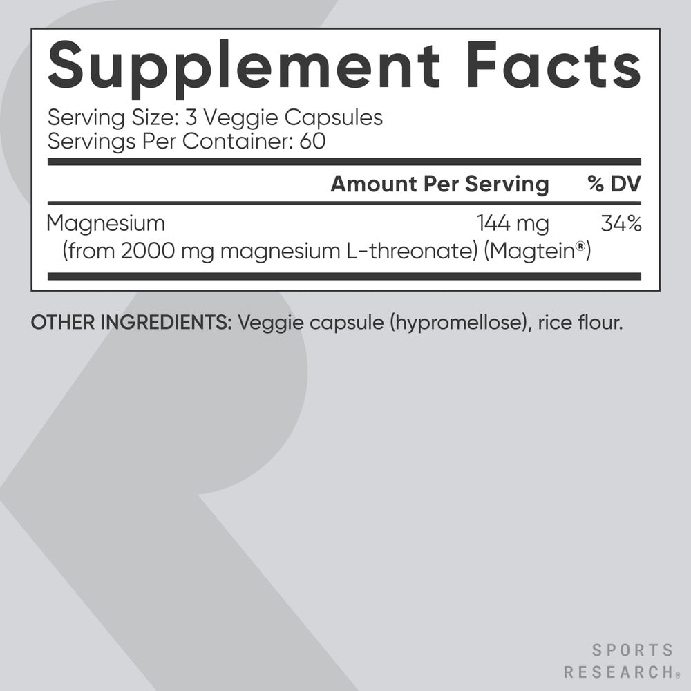 Sports Research® SR Magtein® Magnesium L-Threonate for Memory Focus Cognition 2000mg (180 Capsules)
