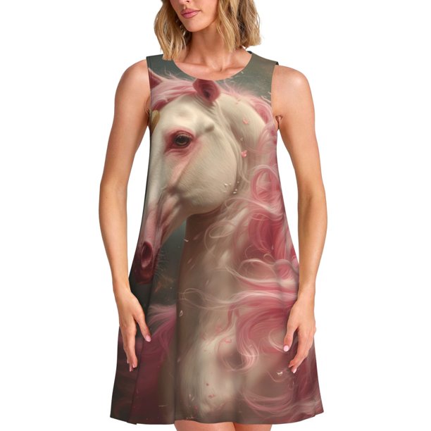 Fotbe Haired White Horse Vestido de Verano sin Mangas para Mujer – Vestido Midi Línea A, Estilo Camiseta Floral, Vestido Playero Casual y Fluido