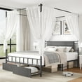 thumbnail image 2 of Sesslife Queen Canopy Bed Frame with Upholstered Headboard, 2 In 1 Metal Platform Bed with 2 Storage Drawers, Canopy Bed Curtain Not Included, Large Under Bed Space, No Box Spring Needed, Gray+Black, 2 of 12