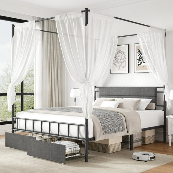UHOMEPRO Queen Size Canopy Bed Frame, Platform Bed with Fabric Upholstered Headboard, Metal Bed Frame with 2 Storage Drawers, Canopy Bed Curtain Not Included, No Box Spring Needed, Gray Black