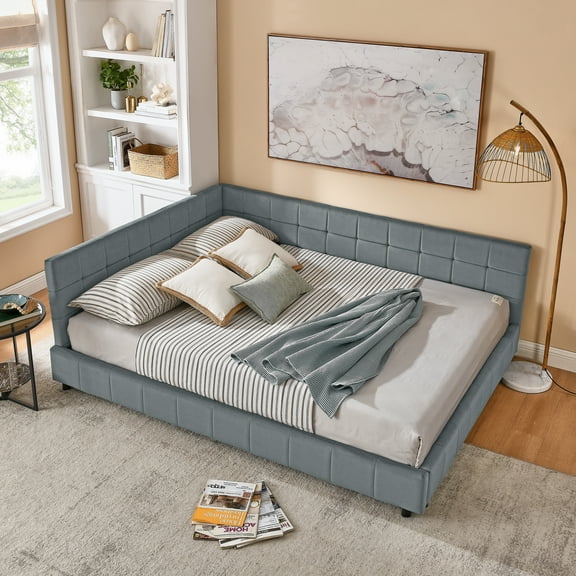 Queen Velvet Tufted Upholstered Daybed Frame - Mid-Century Style Bed with Comfortable Backrest & Armrests for Bedroom/Living Room, Grey (85.5''W x 64.5''D x 30.5''H) - No Box Spring Needed