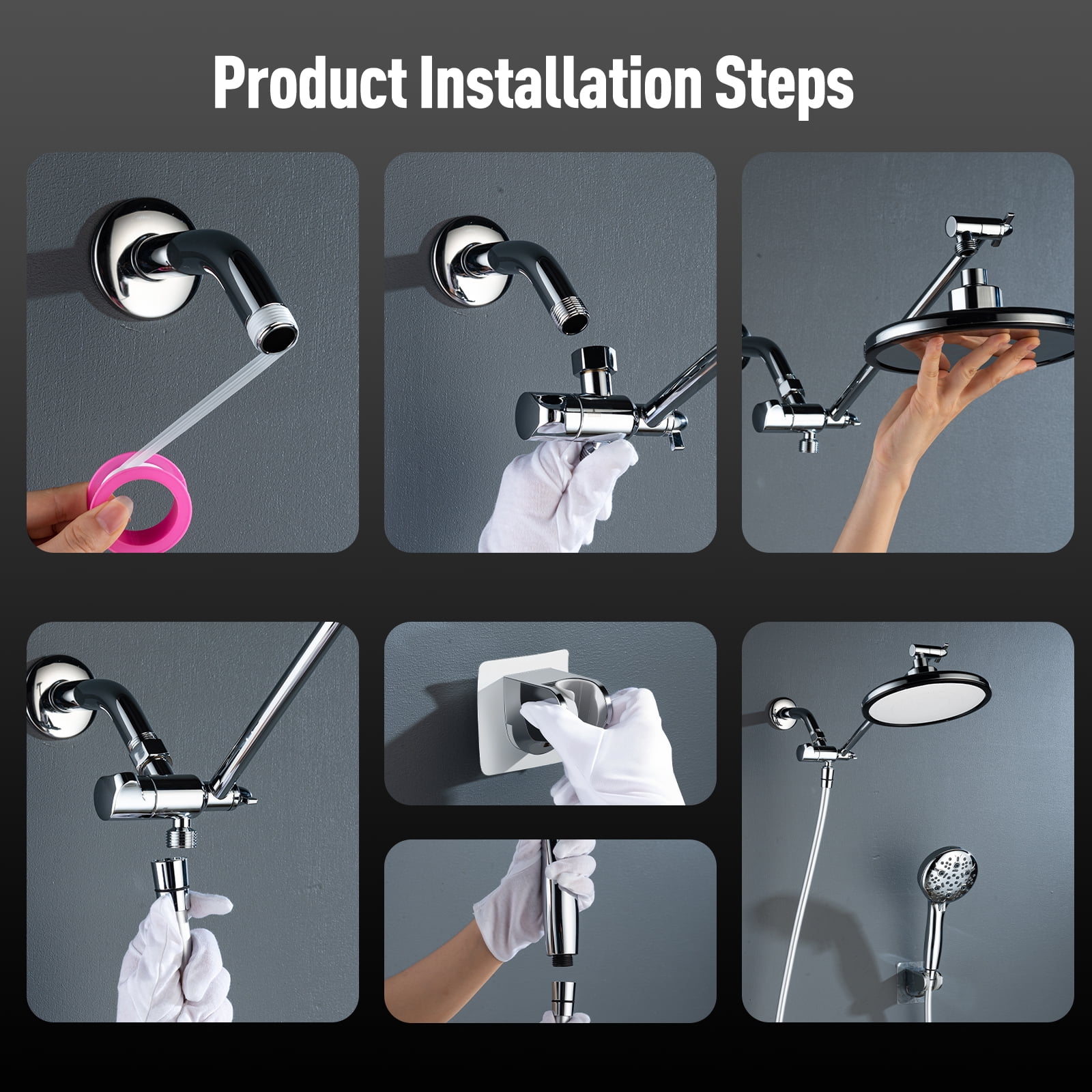 Joyrain 8-inch Rain Overhead Shower with Handheld High-pressure Shower Head, 8 Spray Modes, Rain Shower Combination with Adjustable Metal Extension arm, Adjustable Height and Angle for Whole Family