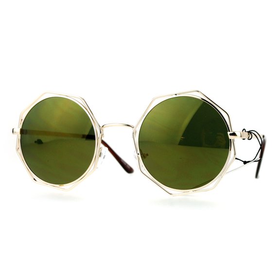 SA106 Octagonal Double Rim Circle Lens Womens Sunglasses Gold Gold